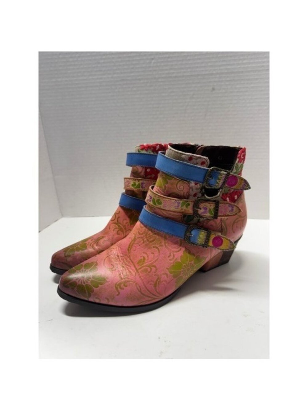 Socofy Pink Floral Embossed Leather Ankle Boots Buckle Straps Size 40 9